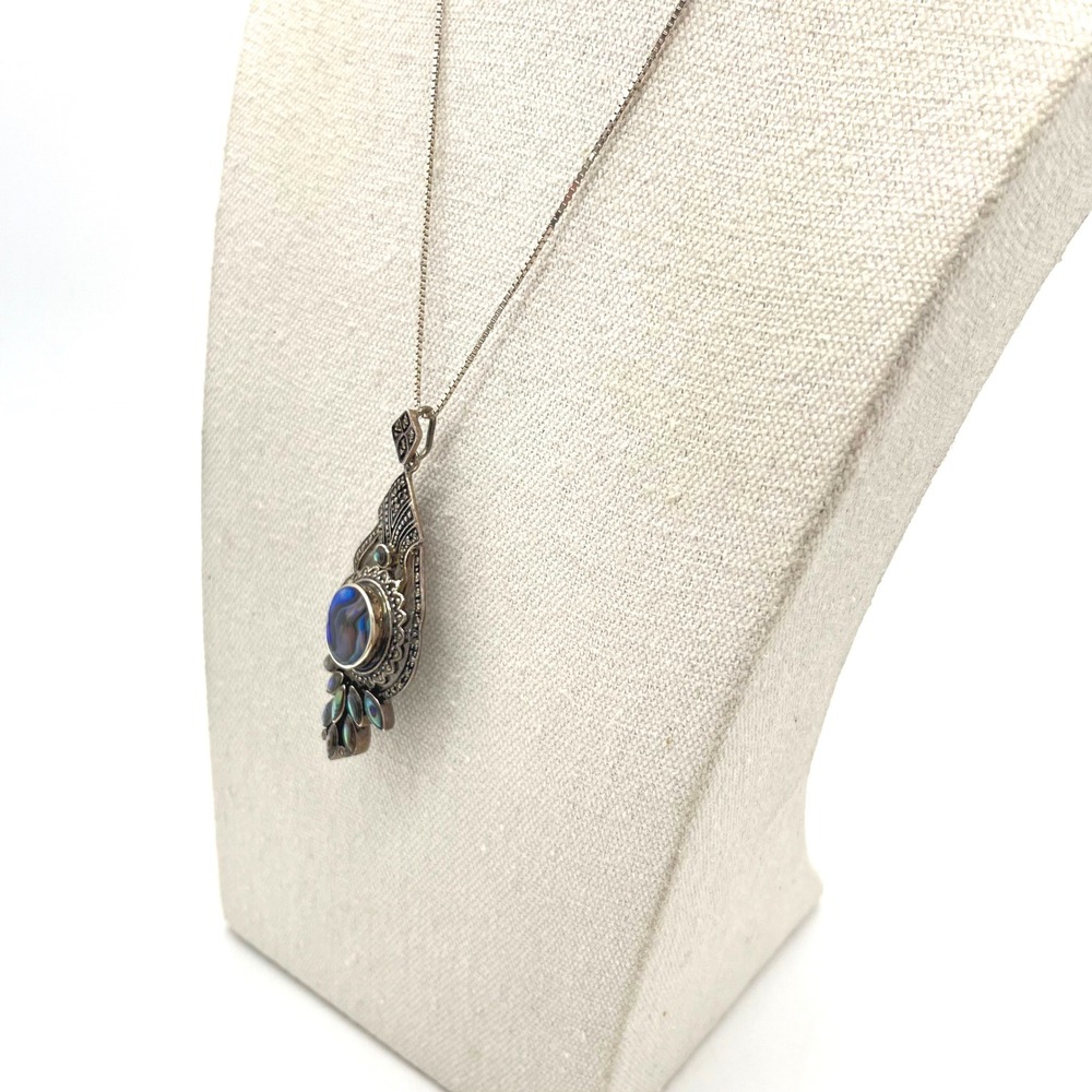 Sterling Silver Abalone Marcasite Pendant Brooch Necklace 30 Inch Box Chain 925 - Picture 4 of 9